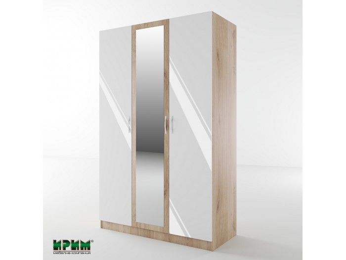 Трикрилен гардероб с огледало Сити 1003 (бяло гланц/сонома арвен)